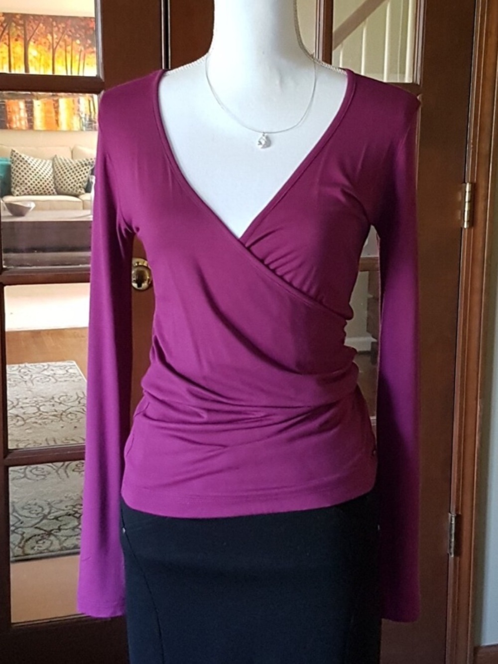 Magenta Purple Fitted Ruched Wrap Top Deep V-neck From Greece Like NEW
